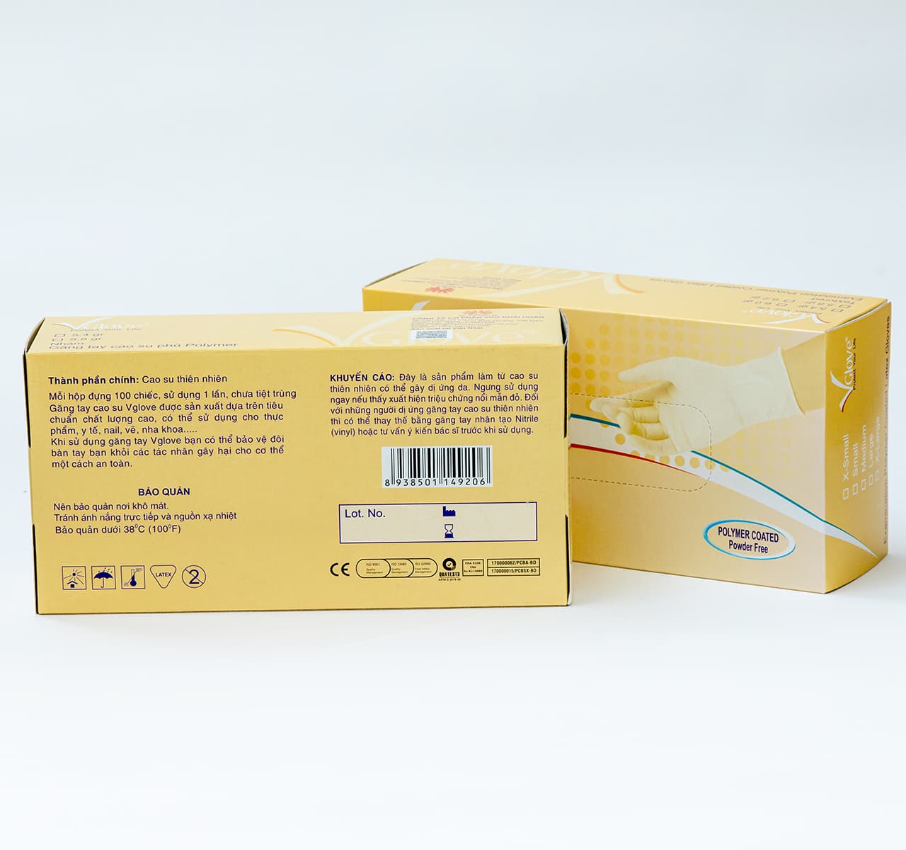 Găng tay cao su không bột Vglove phủ polymer 2 mặt - HỘP VÀNG