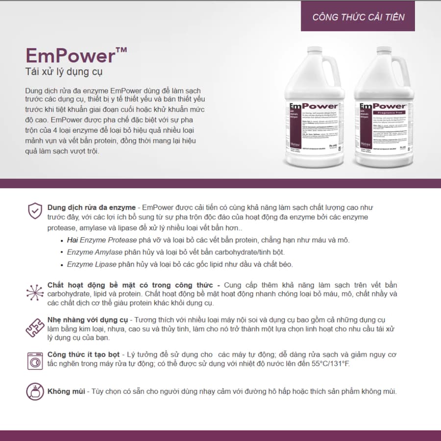 Nước ngâm rửa dụng cụ hoạt tính Enzyme (không mùi) EmPower™ Fragrance Free (không mùi)| Metrex Mỹ Can 3.8L